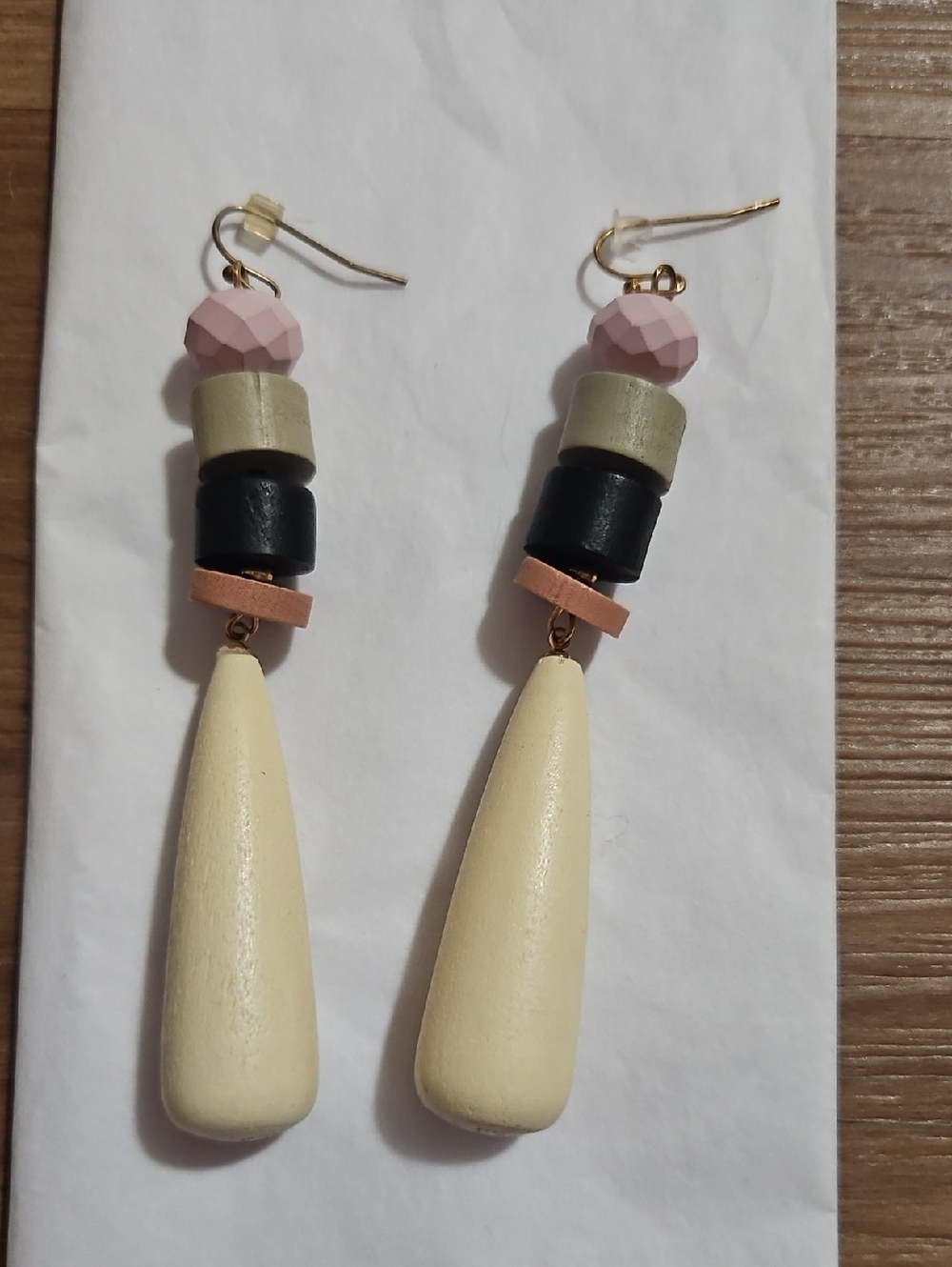 Pastel Pink & Cream Wood Drop Earrings